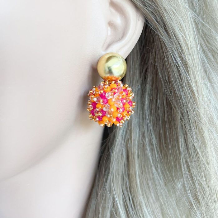 Oranje-fuchsia-kristallen-ronde-oorbellen-pop