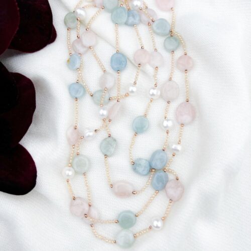 Roze-quartz-aquamarine-en-zoetwaterparels-ketting